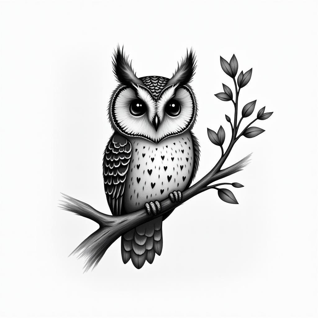 Owl small branch friendly heartshigly detailed tattoo
