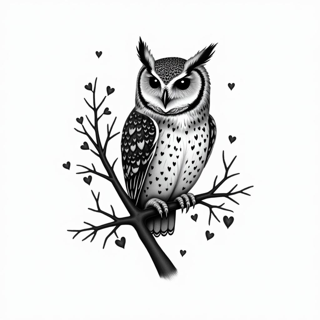 Owl small branch friendly heartshigly detailed tattoo - Variation 3