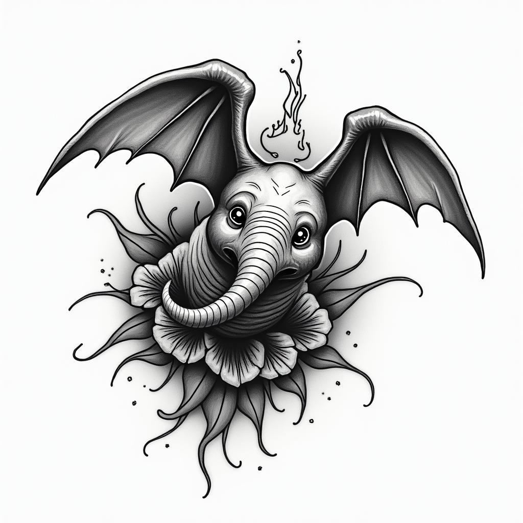 Dumboin authentic tattoo style, incorporating traditional modifications, bold black outlines, solid color fills, featuring classic authentic elements - Variation 1