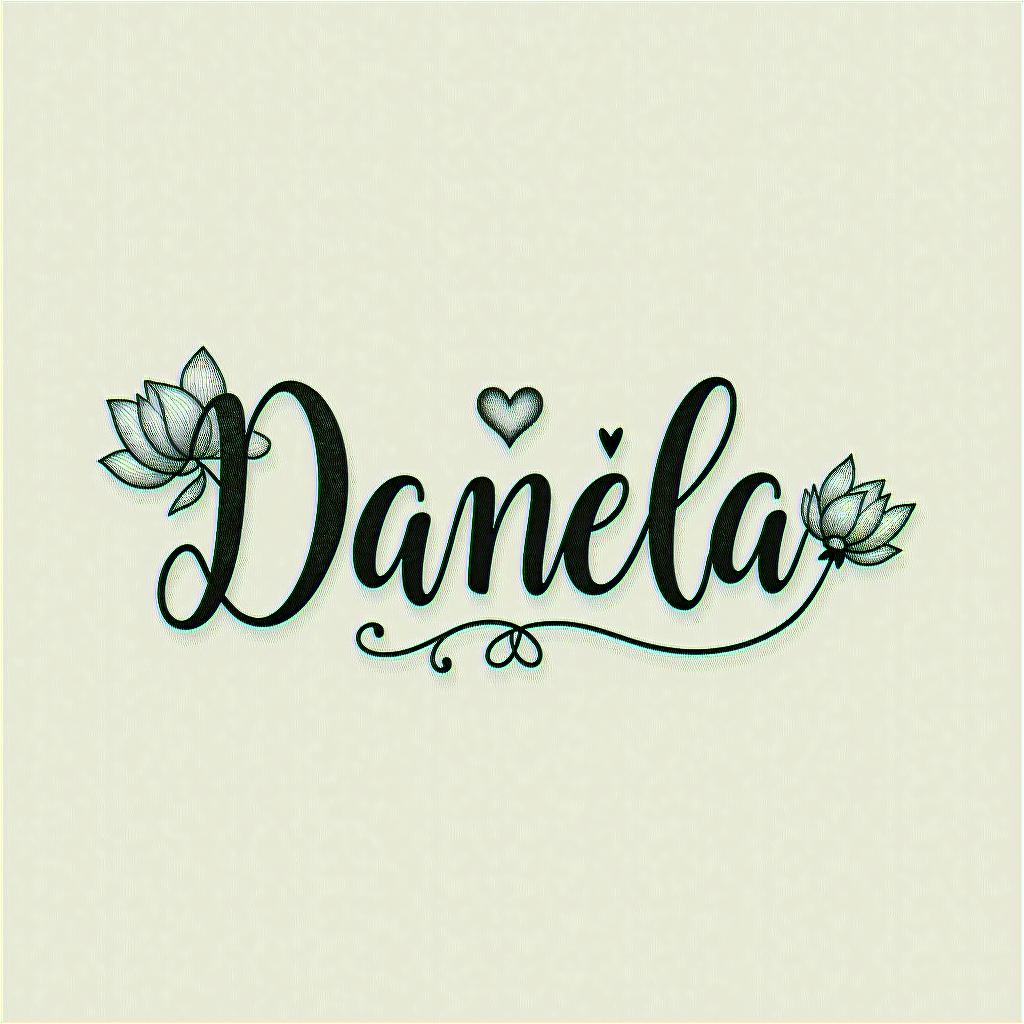 Name Daniela and a lotus flower at the end.in elegant cursive calligraphy style 2d tattoo, decorate with roses, featuring a smooth and flowing handwritten script with slightly thickened strokes for a luxurious and bold appearance,  heart symbol between names,  sleek and glossy black text with shadowing, minimalist matte white background, clean and sharp edges, illuminated with soft lighting, romantic, 8k, high-quality textures with refined typography - Variation 8