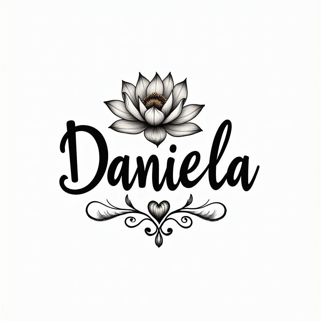 Name Daniela and a lotus flower at the end.in elegant cursive calligraphy style 2d tattoo, decorate with roses, featuring a smooth and flowing handwritten script with slightly thickened strokes for a luxurious and bold appearance,  heart symbol between names,  sleek and glossy black text with shadowing, minimalist matte white background, clean and sharp edges, illuminated with soft lighting, romantic, 8k, high-quality textures with refined typography - Variation 6