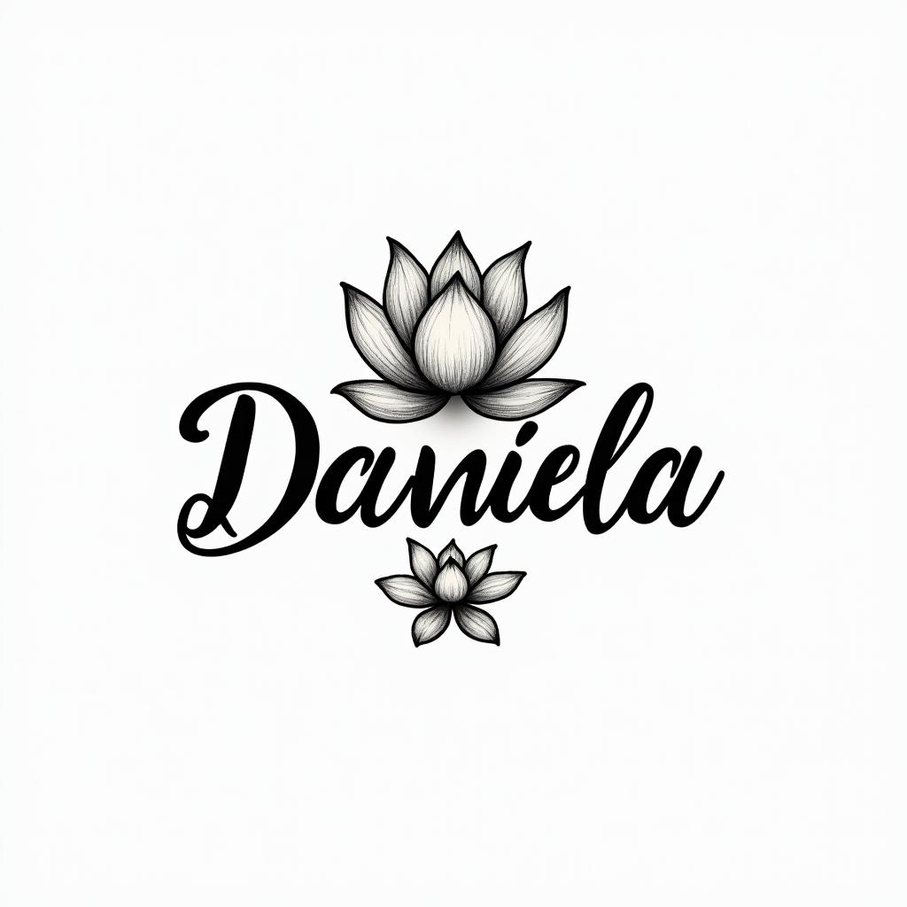 Name Daniela and a lotus flower at the end.in elegant cursive calligraphy style 2d tattoo, decorate with roses, featuring a smooth and flowing handwritten script with slightly thickened strokes for a luxurious and bold appearance,  heart symbol between names,  sleek and glossy black text with shadowing, minimalist matte white background, clean and sharp edges, illuminated with soft lighting, romantic, 8k, high-quality textures with refined typography - Variation 5