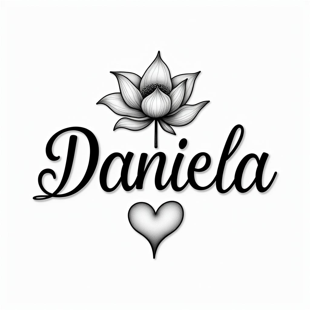 Name Daniela and a lotus flower at the end.in elegant cursive calligraphy style 2d tattoo, decorate with roses, featuring a smooth and flowing handwritten script with slightly thickened strokes for a luxurious and bold appearance,  heart symbol between names,  sleek and glossy black text with shadowing, minimalist matte white background, clean and sharp edges, illuminated with soft lighting, romantic, 8k, high-quality textures with refined typography - Variation 7
