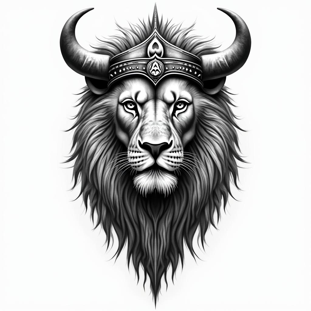 Realistic lions head with viking helmetin paganic style tattoo, featuring ancient symbols, add vegvisir symbol, mystical figures, incorporating designs, pentagrams, runes, crescent moons,