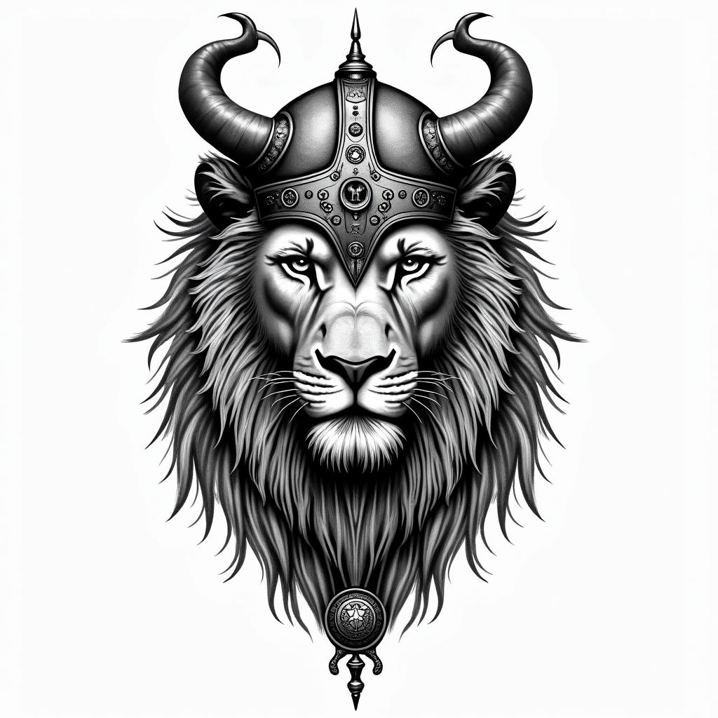 Realistic lions head with viking helmetin paganic style tattoo, featuring ancient symbols, add vegvisir symbol, mystical figures, incorporating designs, pentagrams, runes, crescent moons, - Variation 4