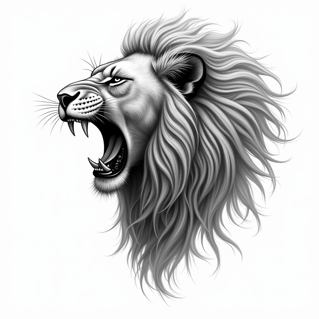 Roaring lion with a flowing manetext-based tattoo, japanese font ultra-realistic, perfectly placed, high-quality font design, photo-realistic shading, 8k, high quality, finely detailed typograph - Variation 5