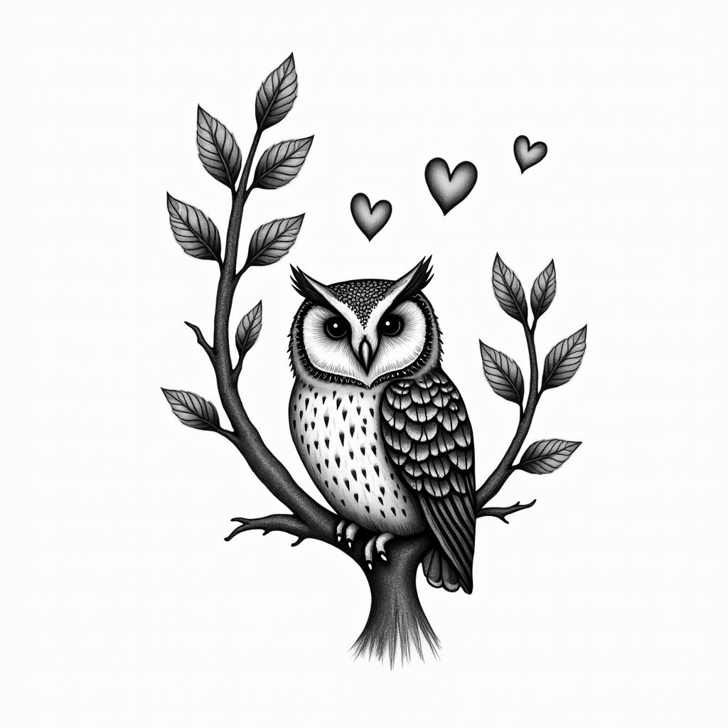 Owl small branch friendly heartsin bohemian style tattoo, 8k - Variation 1