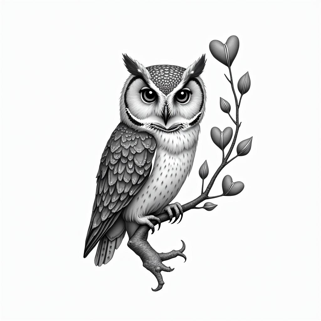 Owl small branch friendly heartsin bohemian style tattoo, 8k - Variation 2