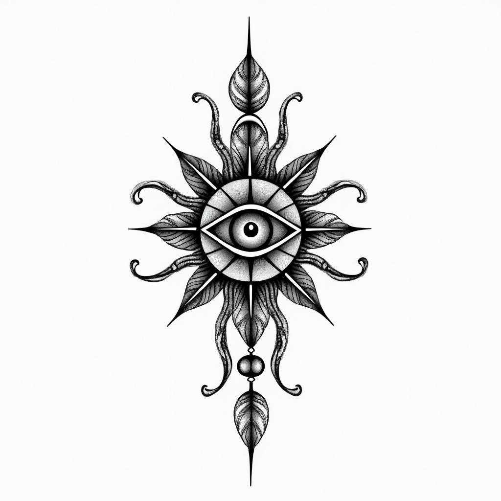 Past lifein spiritual symbols tattoo style, featuring an intricate design incorporating elements, Hamsa hand, third eye, minimalist composition - Variation 2