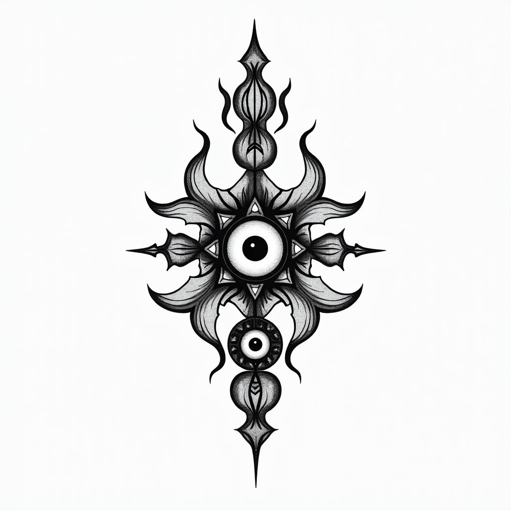Past lifein spiritual symbols tattoo style, featuring an intricate design incorporating elements, Hamsa hand, third eye, minimalist composition - Variation 4