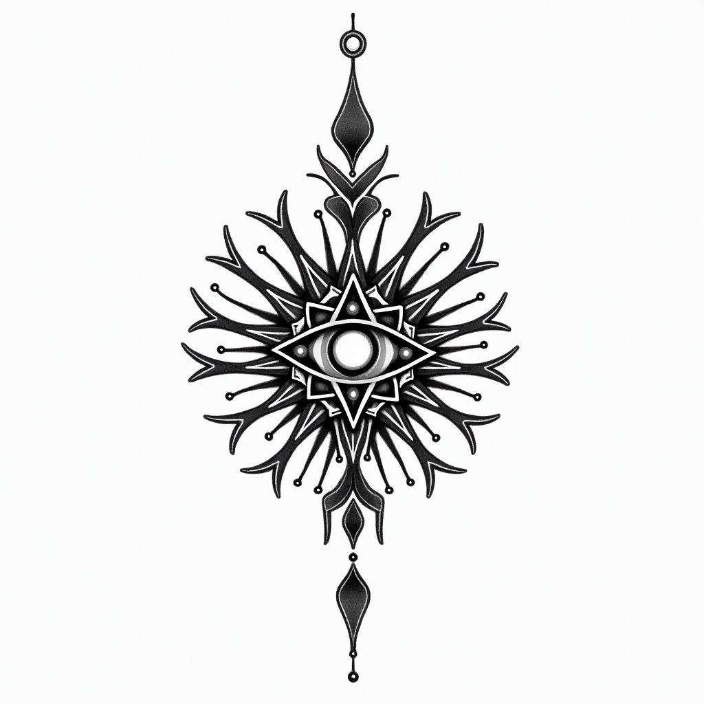 Past lifein spiritual symbols tattoo style, featuring an intricate design incorporating elements, Hamsa hand, third eye, minimalist composition