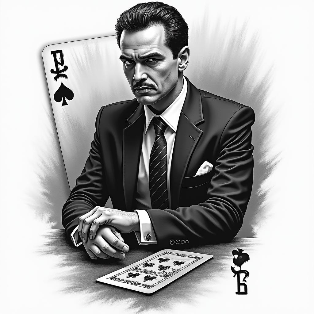 Mafia playing cardsin realism tattoo style, featuring a highly detailed, lifelike, capturing every detail, photorealistic, ultra realistic, intricate shading, smooth and sharp,   - Variation 4