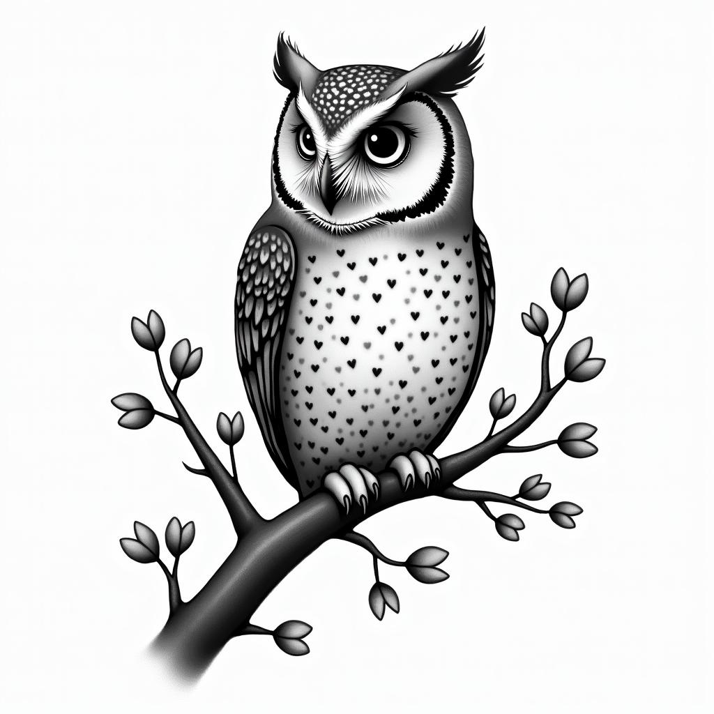 Owl small branch friendly heartsin new school tattoo, pop culture, modern, detailed tattoo, illustrative