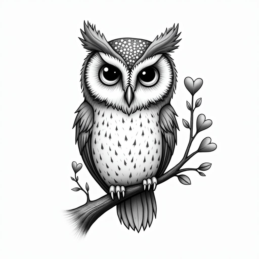 Eule klein Ast freundlich herzenin new school tattoo, pop culture, modern, detailed tattoo, illustrative