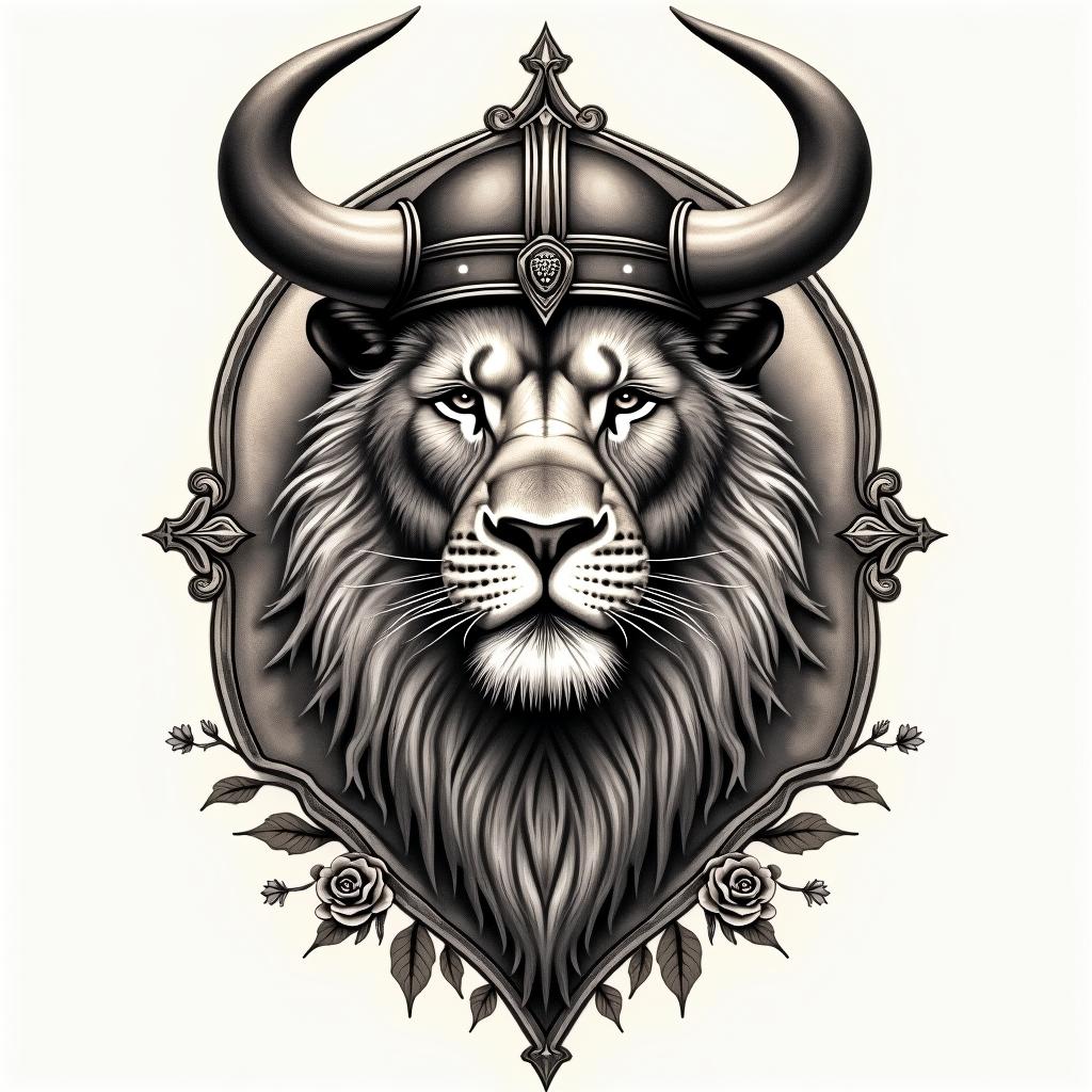Realistic lions head with viking helmetin victorian style tattoo, featuring vintage and elegant elements, ornate frames, roses, antique, sepia-toned color scheme - Variation 4
