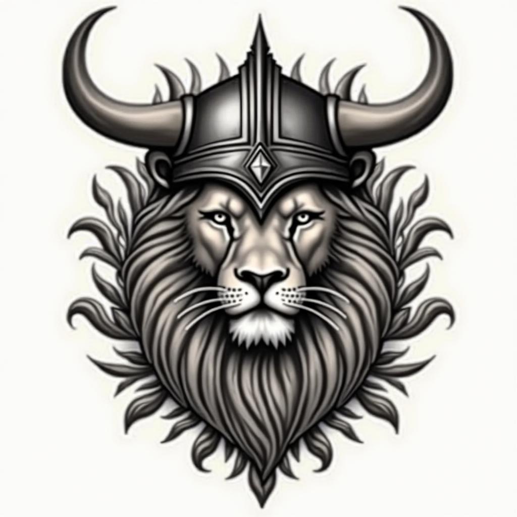 Realistic lions head with viking helmetin victorian style tattoo, featuring vintage and elegant elements, ornate frames, roses, antique, sepia-toned color scheme