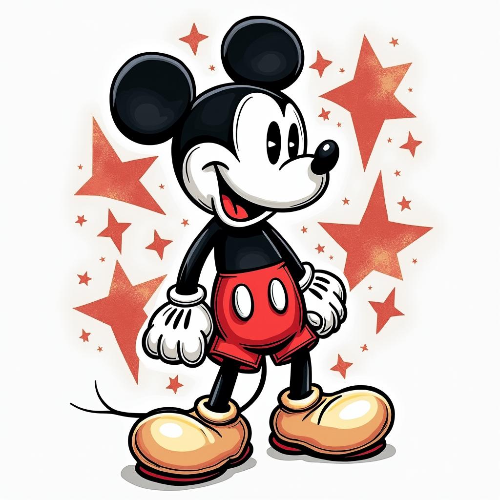 Mickey Mousein pop art style tattoo, featuring bold and vibrant colors, exaggerated outlines, iconic imagery, inspired by comic books and speech bubbles, comic book characters, retro pop culture - Variation 4