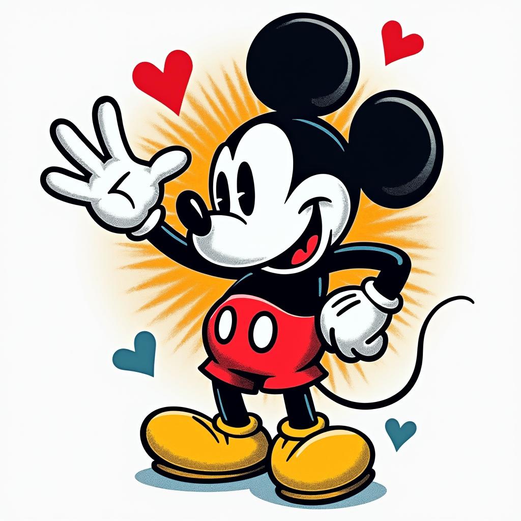 Mickey Mousein pop art style tattoo, featuring bold and vibrant colors, exaggerated outlines, iconic imagery, inspired by comic books and speech bubbles, comic book characters, retro pop culture - Variation 3