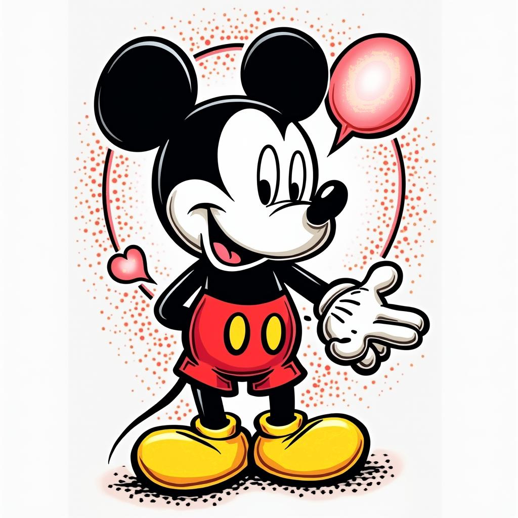 Mickey Mousein pop art style tattoo, featuring bold and vibrant colors, exaggerated outlines, iconic imagery, inspired by comic books and speech bubbles, comic book characters, retro pop culture - Variation 2