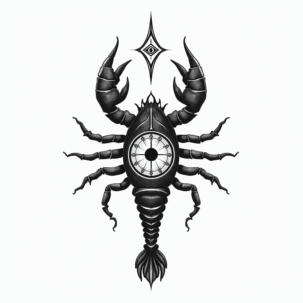 Scorpioin spiritual symbols tattoo style, featuring an intricate design incorporating elements, Hamsa hand, third eye, minimalist composition - Variation 5