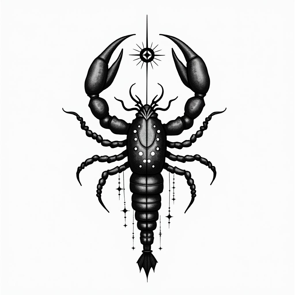 Scorpioin spiritual symbols tattoo style, featuring an intricate design incorporating elements, Hamsa hand, third eye, minimalist composition - Variation 6