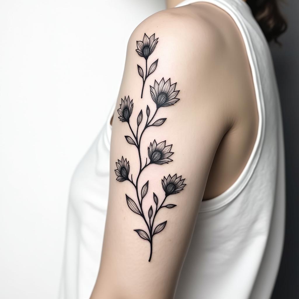 I want a bicep tattoo with a vine that has the June, November, March, May, February, September, and August birth flowers in it, simple and that wraps around the bicep for womenin minimalist style tattoo, featuring simple shapes and fine lines, with minimal shading and details, tiny triangles, creating a sense of balance and harmony - Variation 7