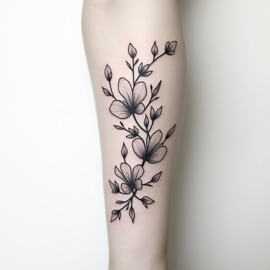 I want a bicep tattoo with a vine that has the June, November, March, May, February, September, and August birth flowers in it, simple and that wraps around the bicep for womenin minimalist style tattoo, featuring simple shapes and fine lines, with minimal shading and details, tiny triangles, creating a sense of balance and harmony - Variation 5