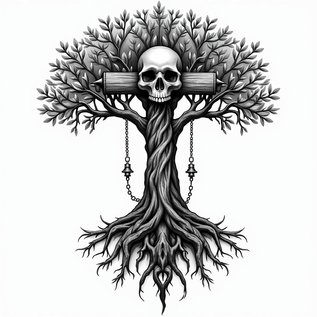 Tree of life with roots and branchesin chicano style tattoo, featuring intricate black and grey shading, bold elements of traditional chicano culture symbols, add a big cross with skull, chains and roses - Variation 4