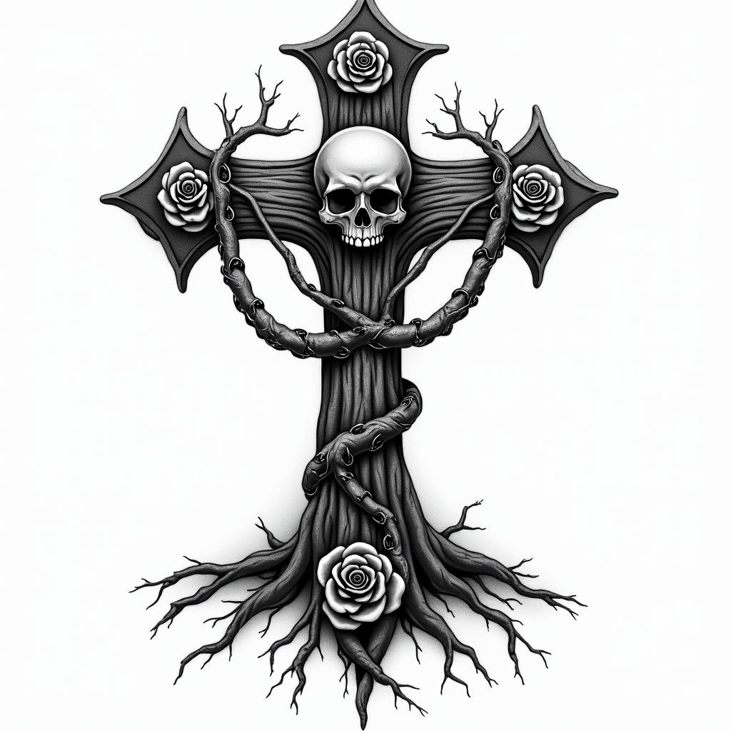 Tree of life with roots and branchesin chicano style tattoo, featuring intricate black and grey shading, bold elements of traditional chicano culture symbols, add a big cross with skull, chains and roses