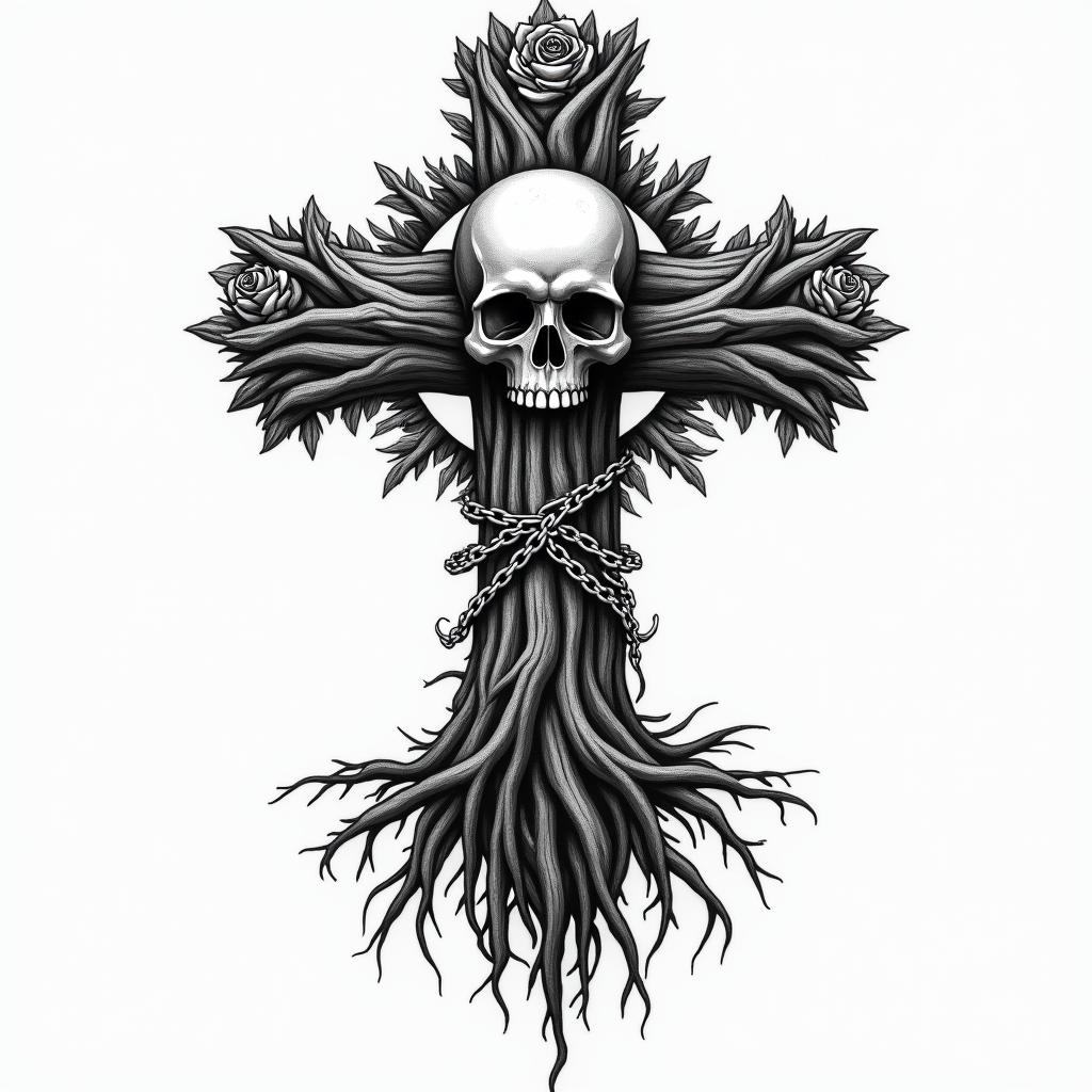 Tree of life with roots and branchesin chicano style tattoo, featuring intricate black and grey shading, bold elements of traditional chicano culture symbols, add a big cross with skull, chains and roses - Variation 3
