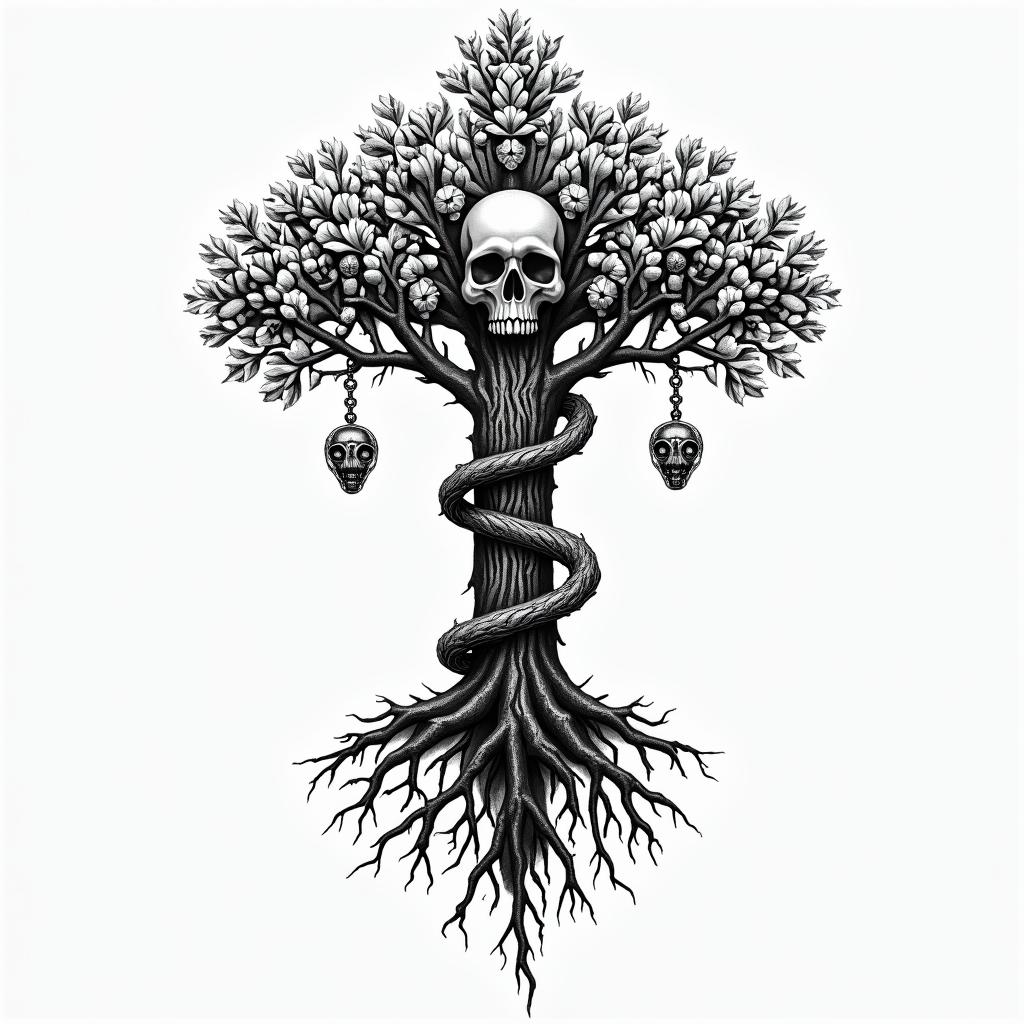 Tree of life with roots and branchesin chicano style tattoo, featuring intricate black and grey shading, bold elements of traditional chicano culture symbols, add a big cross with skull, chains and roses - Variation 2