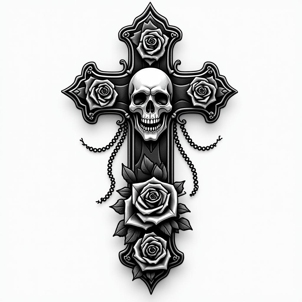 Jaxonin chicano style tattoo, featuring intricate black and grey shading, bold elements of traditional chicano culture symbols, add a big cross with skull, chains and roses