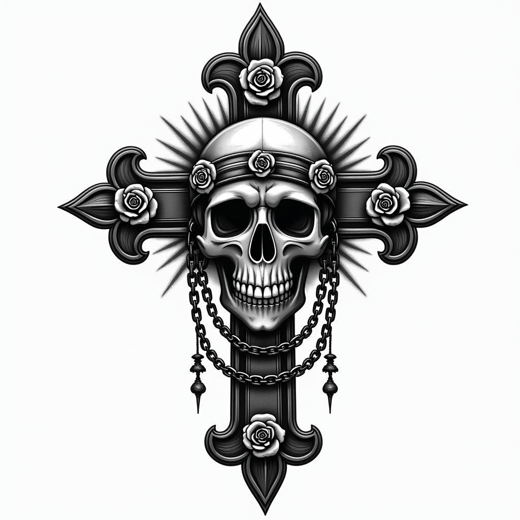 Jaxonin chicano style tattoo, featuring intricate black and grey shading, bold elements of traditional chicano culture symbols, add a big cross with skull, chains and roses - Variation 2