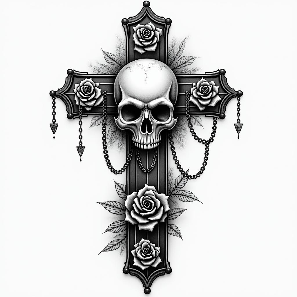 Jaxonin chicano style tattoo, featuring intricate black and grey shading, bold elements of traditional chicano culture symbols, add a big cross with skull, chains and roses - Variation 4