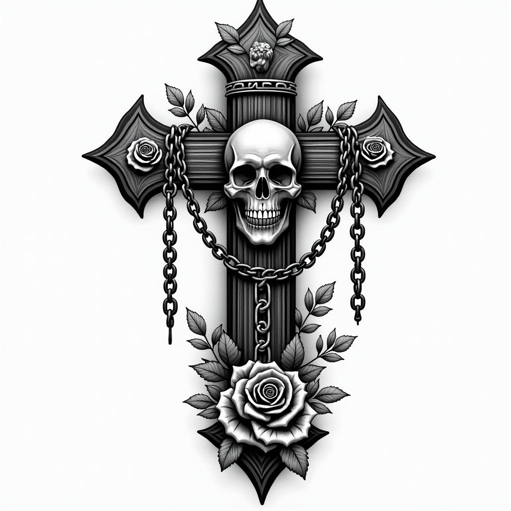 Jaxonin chicano style tattoo, featuring intricate black and grey shading, bold elements of traditional chicano culture symbols, add a big cross with skull, chains and roses - Variation 3