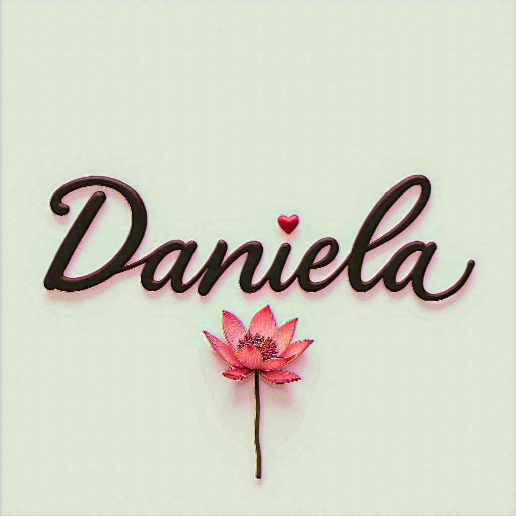 Name Daniela and a lotus flower at the end.in elegant cursive calligraphy style 2d tattoo, decorate with roses, featuring a smooth and flowing handwritten script with slightly thickened strokes for a luxurious and bold appearance,  heart symbol between names,  sleek and glossy black text with shadowing, minimalist matte white background, clean and sharp edges, illuminated with soft lighting, romantic, 8k, high-quality textures with refined typography - Variation 3