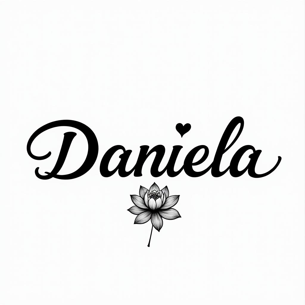 Name Daniela and a lotus flower at the end.in elegant cursive calligraphy style 2d tattoo, decorate with roses, featuring a smooth and flowing handwritten script with slightly thickened strokes for a luxurious and bold appearance,  heart symbol between names,  sleek and glossy black text with shadowing, minimalist matte white background, clean and sharp edges, illuminated with soft lighting, romantic, 8k, high-quality textures with refined typography - Variation 2