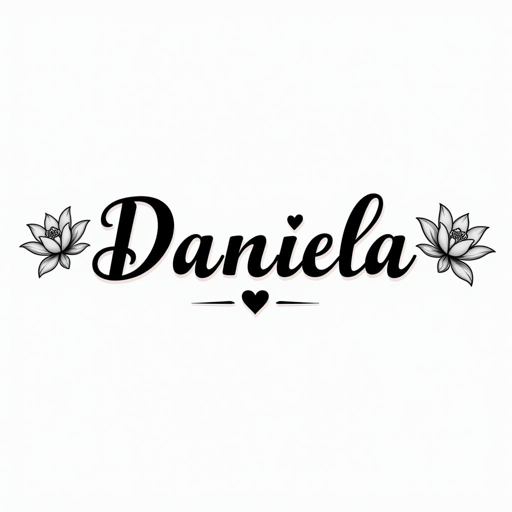 Name Daniela and a lotus flower at the end.in elegant cursive calligraphy style 2d tattoo, decorate with roses, featuring a smooth and flowing handwritten script with slightly thickened strokes for a luxurious and bold appearance,  heart symbol between names,  sleek and glossy black text with shadowing, minimalist matte white background, clean and sharp edges, illuminated with soft lighting, romantic, 8k, high-quality textures with refined typography