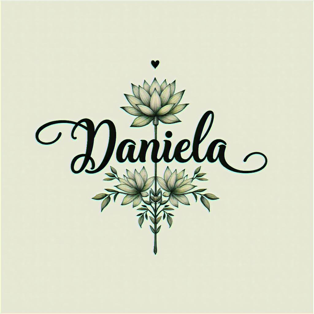Name Daniela and a lotus flower at the end.in elegant cursive calligraphy style 2d tattoo, decorate with roses, featuring a smooth and flowing handwritten script with slightly thickened strokes for a luxurious and bold appearance,  heart symbol between names,  sleek and glossy black text with shadowing, minimalist matte white background, clean and sharp edges, illuminated with soft lighting, romantic, 8k, high-quality textures with refined typography - Variation 4