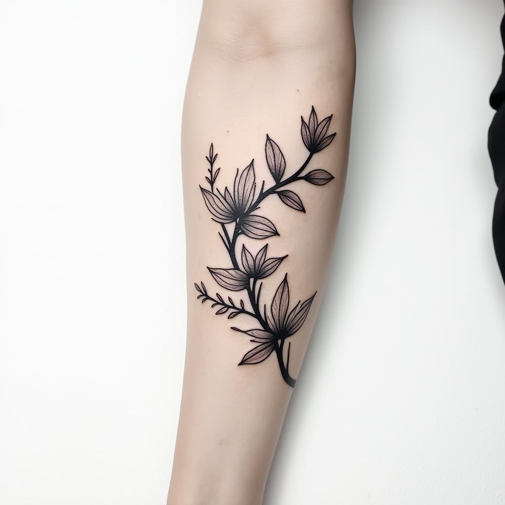 I want a bicep tattoo with a vine that has the June, November, March, May, February, September, and August birth flowers in it, simple and that wraps around the bicep for womenin minimalist style tattoo, featuring simple shapes and fine lines, with minimal shading and details, tiny triangles, creating a sense of balance and harmony - Variation 3