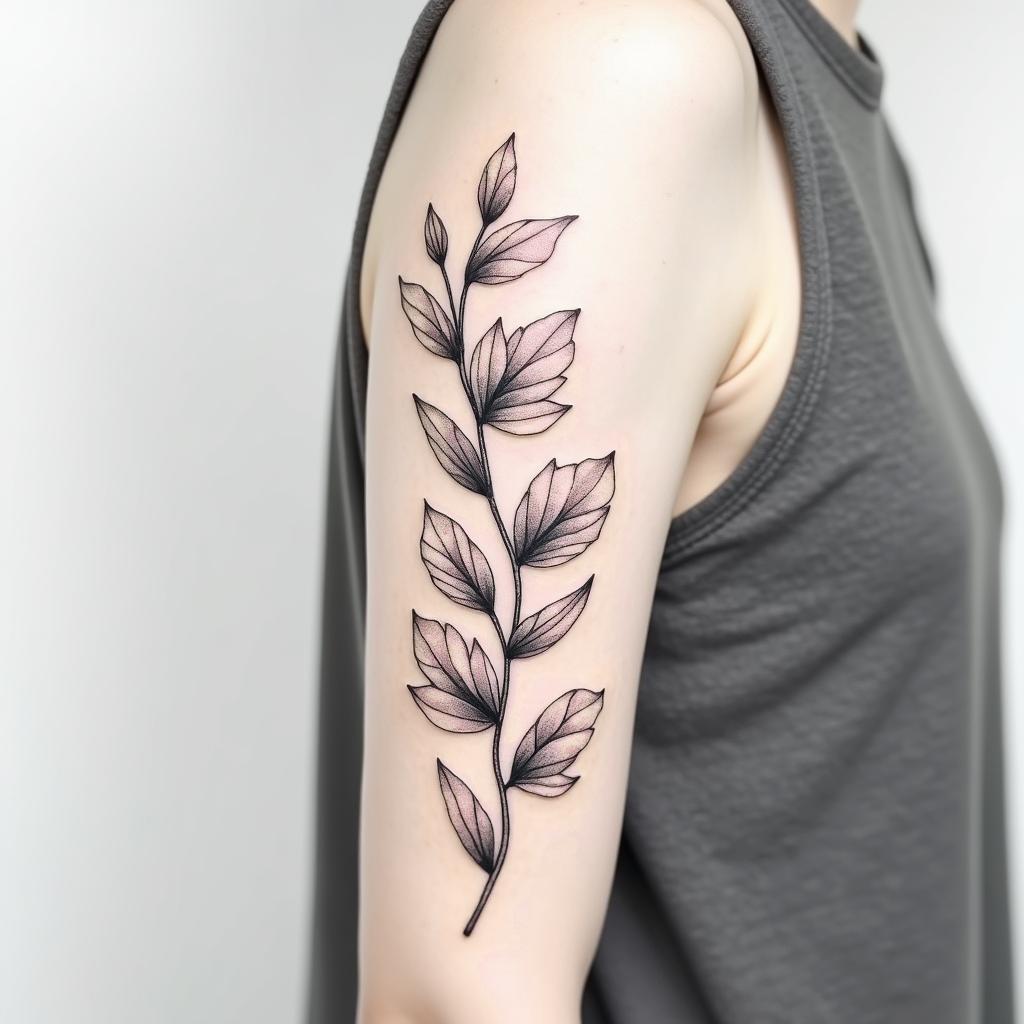 I want a bicep tattoo with a vine that has the June, November, March, May, February, September, and August birth flowers in it, simple and that wraps around the bicep for womenin minimalist style tattoo, featuring simple shapes and fine lines, with minimal shading and details, tiny triangles, creating a sense of balance and harmony - Variation 4