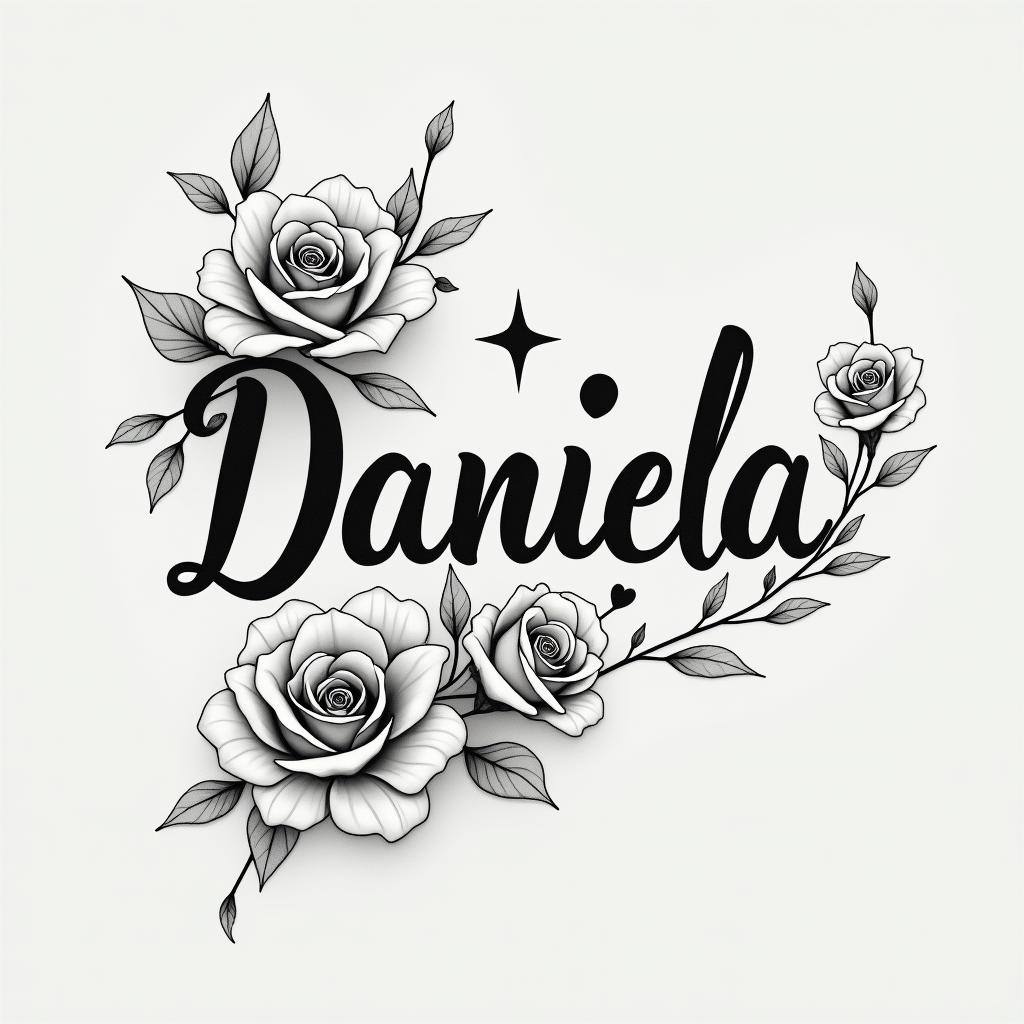 The name Daniela and a star at the endin elegant cursive calligraphy style 2d tattoo, decorate with roses, featuring a smooth and flowing handwritten script with slightly thickened strokes for a luxurious and bold appearance,  heart symbol between names,  sleek and glossy black text with shadowing, minimalist matte white background, clean and sharp edges, illuminated with soft lighting, romantic, 8k, high-quality textures with refined typography - Variation 5