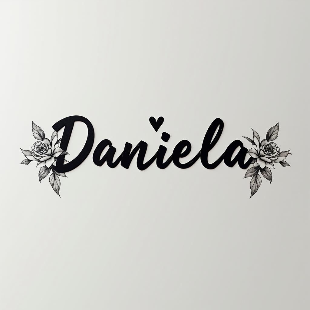 The name Daniela and a star at the endin elegant cursive calligraphy style 2d tattoo, decorate with roses, featuring a smooth and flowing handwritten script with slightly thickened strokes for a luxurious and bold appearance,  heart symbol between names,  sleek and glossy black text with shadowing, minimalist matte white background, clean and sharp edges, illuminated with soft lighting, romantic, 8k, high-quality textures with refined typography - Variation 4