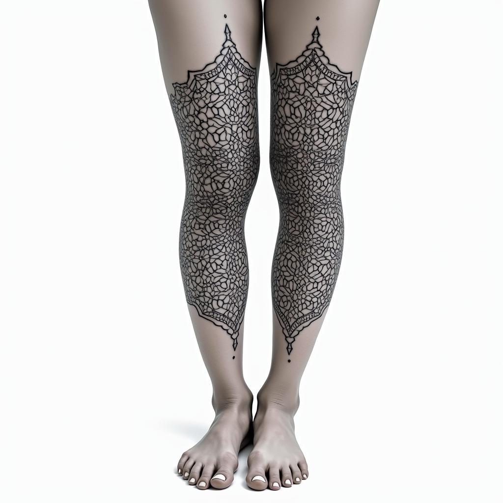 Leg sleeve gear deep lines and protection in geometric style tattoo, blending hexagons, mandala-inspired patterns, symmetrical and fractal design, clean lines, sharp angles - Variation 2