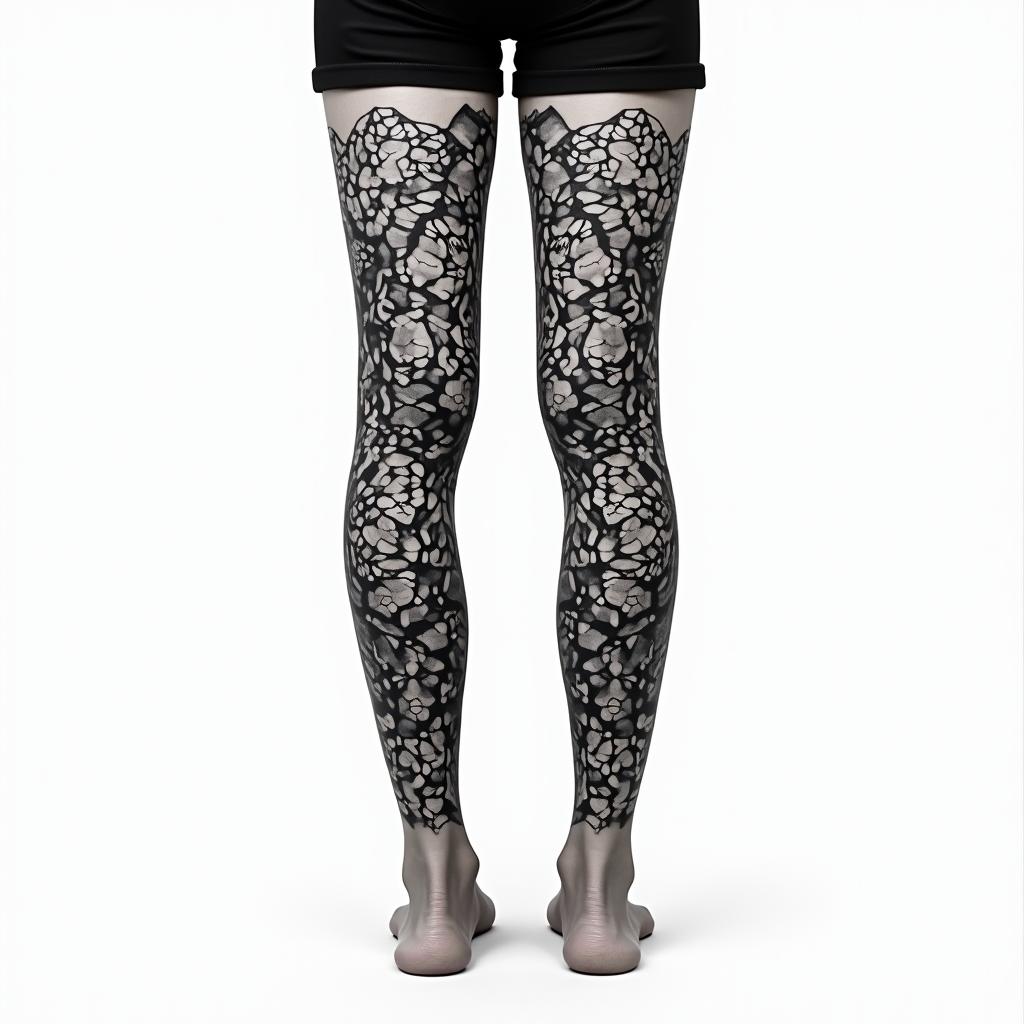 Leg sleeve gear deep lines and protection in geometric style tattoo, blending hexagons, mandala-inspired patterns, symmetrical and fractal design, clean lines, sharp angles - Variation 4