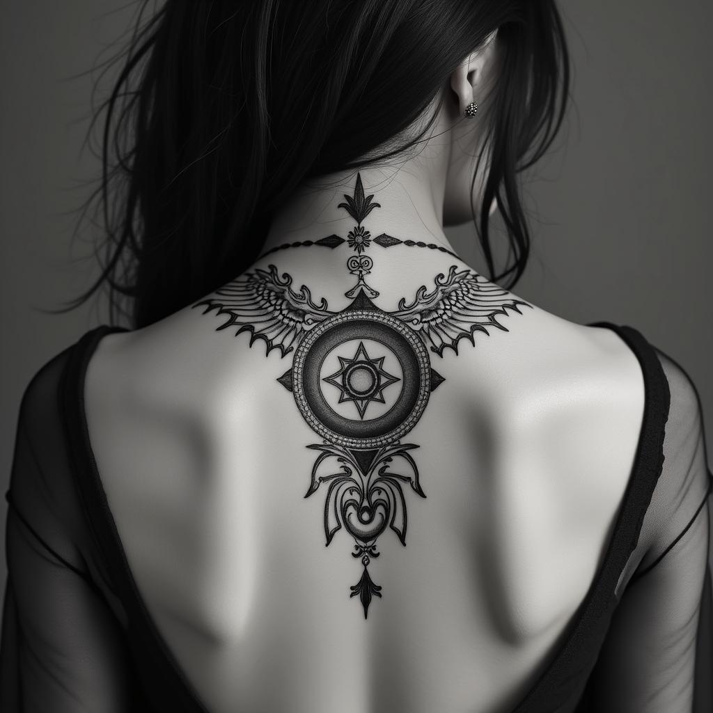 Scorpioin spiritual symbols tattoo style, featuring an intricate design incorporating elements, Hamsa hand, third eye, minimalist composition - Variation 2