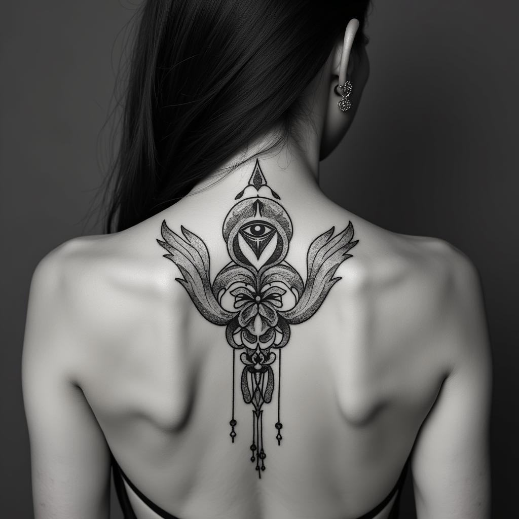 Scorpioin spiritual symbols tattoo style, featuring an intricate design incorporating elements, Hamsa hand, third eye, minimalist composition - Variation 3