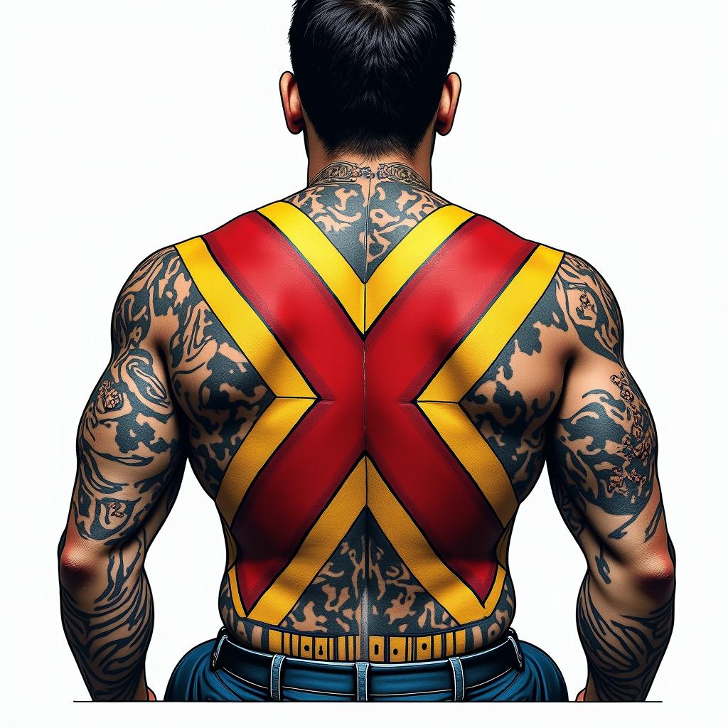 X -men x on the back of the seat cover with an old English L in the middle of the x 
on the head restin pop art style tattoo, featuring bold and vibrant colors, exaggerated outlines, iconic imagery, inspired by comic books and speech bubbles, comic book characters, retro pop culture