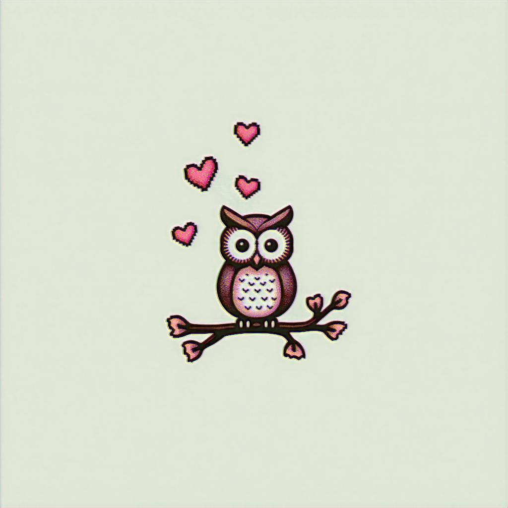 Owl small branch friendly heartsin 8-bit tattoo style, minimalistic pixel style tattoo, pixel art with simplified shapes and retro gaming visuals, inspired by 8-bit pixel based detailing - Variation 3