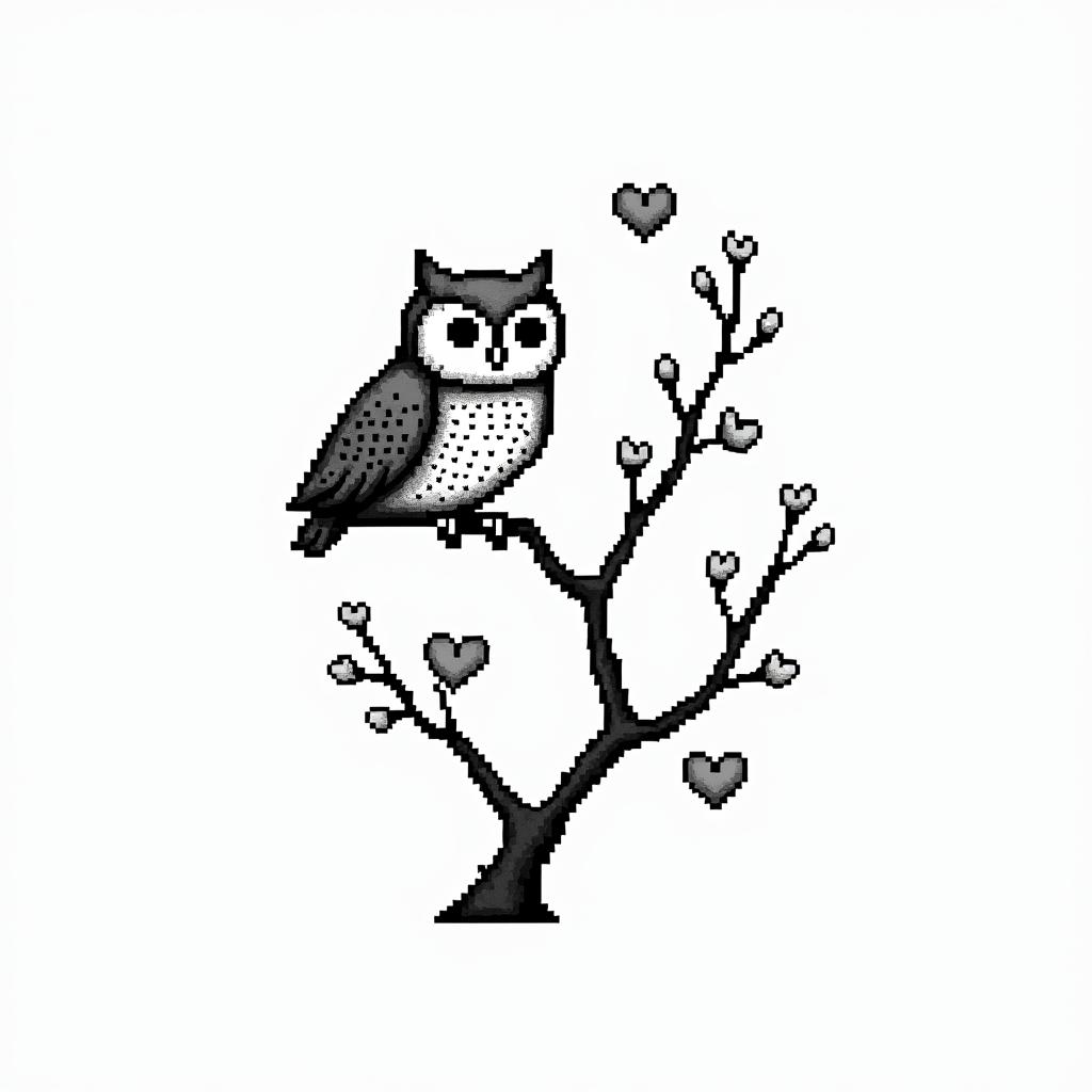Owl small branch friendly heartsin 8-bit tattoo style, minimalistic pixel style tattoo, pixel art with simplified shapes and retro gaming visuals, inspired by 8-bit pixel based detailing